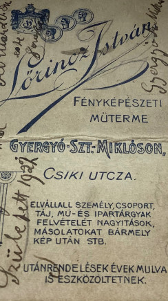 Vizitkártya hátlapja/verzója. Gyergyószentmiklós, 1922